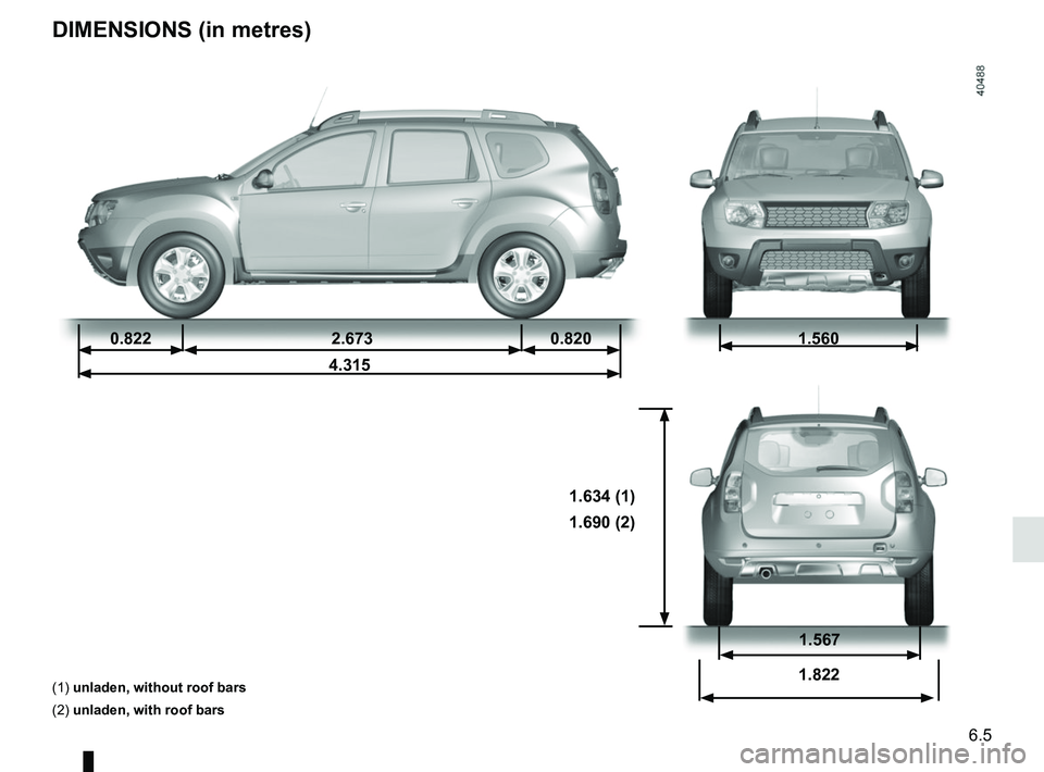 RENAULT DUSTER 2016 Owners Manual 6.5
DIMENSIONS (in metres)
0.8222.6730.820
4.3151.560
1.634 (1)
1.690 (2)
(1) unladen, without roof bars
(2) unladen, with roof bars
1.567
1.822 RENAULT DUSTER 2016 Owners Manual 6.5
DIMENSIONS (in metres)
0.8222.6730.820
4.3151.560
1.634 (1)
1.690 (2)
(1) unladen, without roof bars
(2) unladen, with roof bars
1.567
1.822