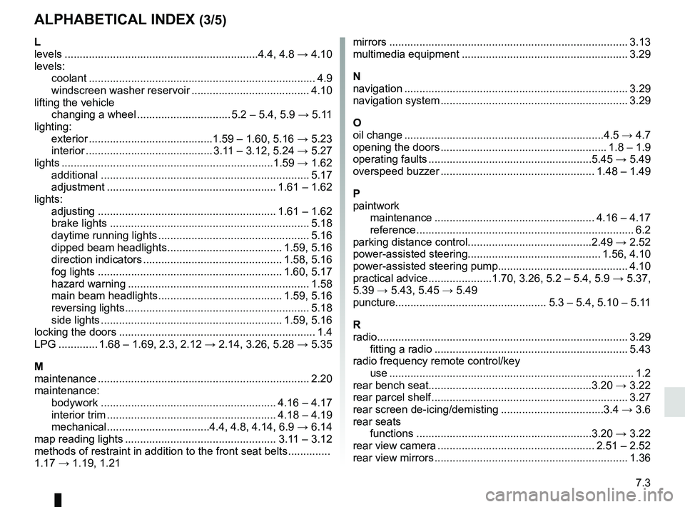 RENAULT DUSTER 2016  Owners Manual 7.3
ALPHABETICAL INDEX (3/5)
L
levels ................................................................4\
.4,  4.8 → 4.10
levels: coolant .............................................................