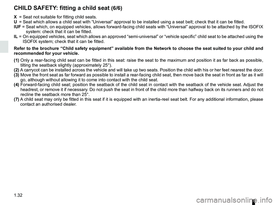 RENAULT DUSTER 2016 Owners Guide 1.32
CHILD SAFETY: fitting a child seat (6/6)
X =  Seat not suitable for fitting child seats.
U =   Seat which allows a child seat with “Universal” approval to be ins\
talled using a seat belt; ch