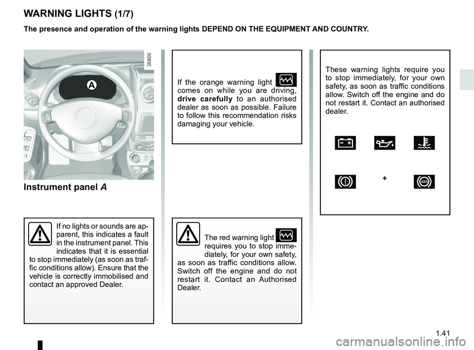 RENAULT DUSTER 2016 Service Manual 1.41
Instrument panel A
WARNING LIGHTS (1/7)
A
If no lights or sounds are ap-
parent, this indicates a fault
in the instrument panel. This
indicates that it is essential
to stop immediately (as soo RENAULT DUSTER 2016 Service Manual 1.41
Instrument panel A
WARNING LIGHTS (1/7)
A
If no lights or sounds are ap-
parent, this indicates a fault
in the instrument panel. This
indicates that it is essential
to stop immediately (as soo