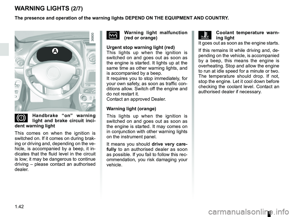 RENAULT DUSTER 2016 Owners Manual 1.42
WARNING LIGHTS (2/7)
A
DHandbrake “on” warning
light and brake circuit inci-
dent warning light
This comes on when the ignition is
switched on. If it comes on during brak-
ing or driving a RENAULT DUSTER 2016 Owners Manual 1.42
WARNING LIGHTS (2/7)
A
DHandbrake “on” warning
light and brake circuit inci-
dent warning light
This comes on when the ignition is
switched on. If it comes on during brak-
ing or driving a
