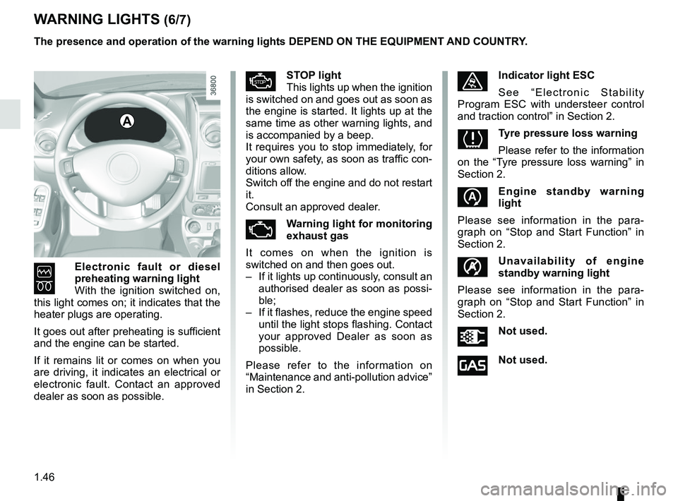 RENAULT DUSTER 2016 Owners Manual 1.46
6
Electronic fault or diesel
preheating warning light
With the ignition switched on,
this light comes on; it indicates that the
heater plugs are operating.
It goes out after preheating is suf RENAULT DUSTER 2016 Owners Manual 1.46
6
Electronic fault or diesel
preheating warning light
With the ignition switched on,
this light comes on; it indicates that the
heater plugs are operating.
It goes out after preheating is suf