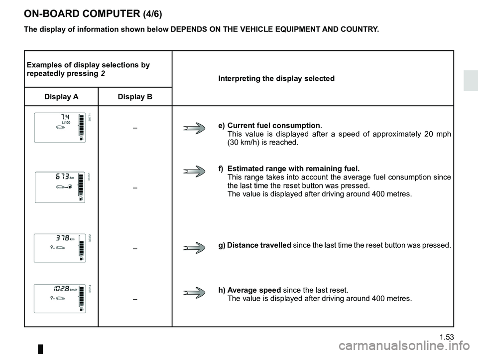 RENAULT DUSTER 2016 Workshop Manual 1.53
Examples of display selections by
repeatedly pressing 2Interpreting the display selected
Display A Display B
–e) Current fuel consumption .
This value is displayed after a speed of approximate RENAULT DUSTER 2016 Workshop Manual 1.53
Examples of display selections by
repeatedly pressing 2Interpreting the display selected
Display A Display B
–e) Current fuel consumption .
This value is displayed after a speed of approximate