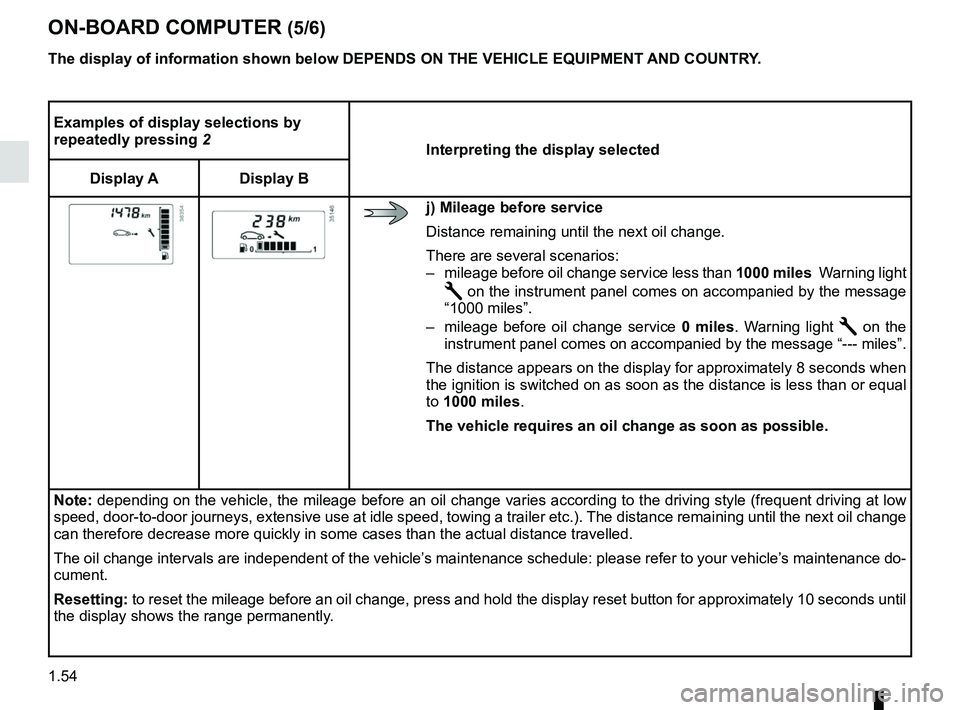 RENAULT DUSTER 2016 Workshop Manual 1.54
ON-BOARD COMPUTER (5/6)
Examples of display selections by
repeatedly pressing 2Interpreting the display selected
Display A Display B
j) Mileage before service
Distance remaining until the next o RENAULT DUSTER 2016 Workshop Manual 1.54
ON-BOARD COMPUTER (5/6)
Examples of display selections by
repeatedly pressing 2Interpreting the display selected
Display A Display B
j) Mileage before service
Distance remaining until the next o
