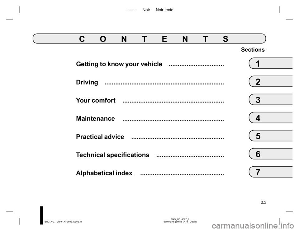 RENAULT DUSTER 2015  Owners Manual JauneNoir Noir texte
0.3
ENG_UD14067_1
Sommaire général (H79 - Dacia) ENG_NU_1079-6_H79Ph2_Dacia_0
Getting to know your vehicle   ...............................
Driving  ...........................