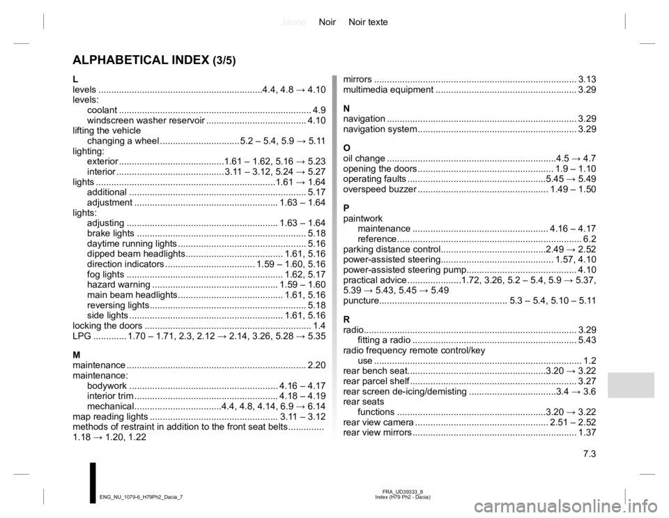 RENAULT DUSTER 2015 Owners Manual JauneNoir Noir texte
7.3
FRA_UD39333_8
Index (H79 Ph2 - Dacia) ENG_NU_1079-6_H79Ph2_Dacia_7
ALPHABETICAL INDEX (3/5)
L
levels ................................................................4.4, 4.8 RENAULT DUSTER 2015 Owners Manual JauneNoir Noir texte
7.3
FRA_UD39333_8
Index (H79 Ph2 - Dacia) ENG_NU_1079-6_H79Ph2_Dacia_7
ALPHABETICAL INDEX (3/5)
L
levels ................................................................4.4, 4.8