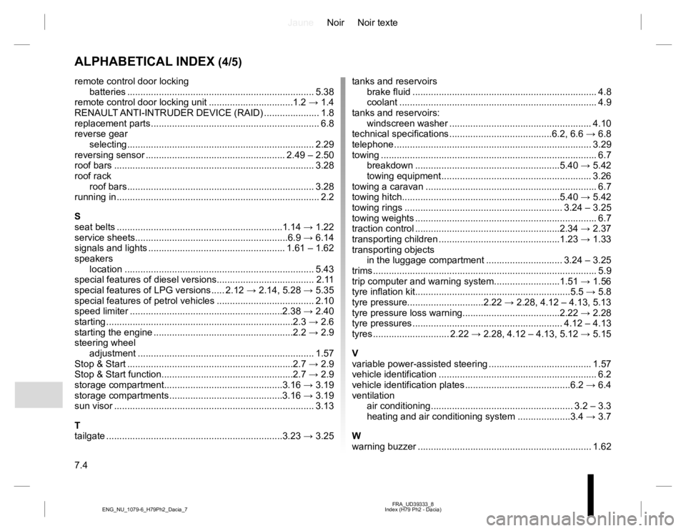 RENAULT DUSTER 2015 Owners Manual JauneNoir Noir texte
7.4
FRA_UD39333_8
Index (H79 Ph2 - Dacia) ENG_NU_1079-6_H79Ph2_Dacia_7
ALPHABETICAL INDEX (4/5)
remote control door locking
batteries ............................................. RENAULT DUSTER 2015 Owners Manual JauneNoir Noir texte
7.4
FRA_UD39333_8
Index (H79 Ph2 - Dacia) ENG_NU_1079-6_H79Ph2_Dacia_7
ALPHABETICAL INDEX (4/5)
remote control door locking
batteries .............................................