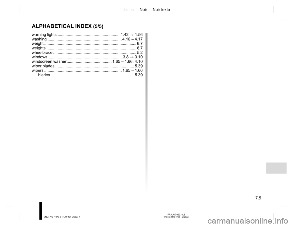 RENAULT DUSTER 2015  Owners Manual JauneNoir Noir texte
7.5
FRA_UD39333_8
Index (H79 Ph2 - Dacia) ENG_NU_1079-6_H79Ph2_Dacia_7
ALPHABETICAL INDEX (5/5)
warning lights.........................................................1.42 → 1.5
