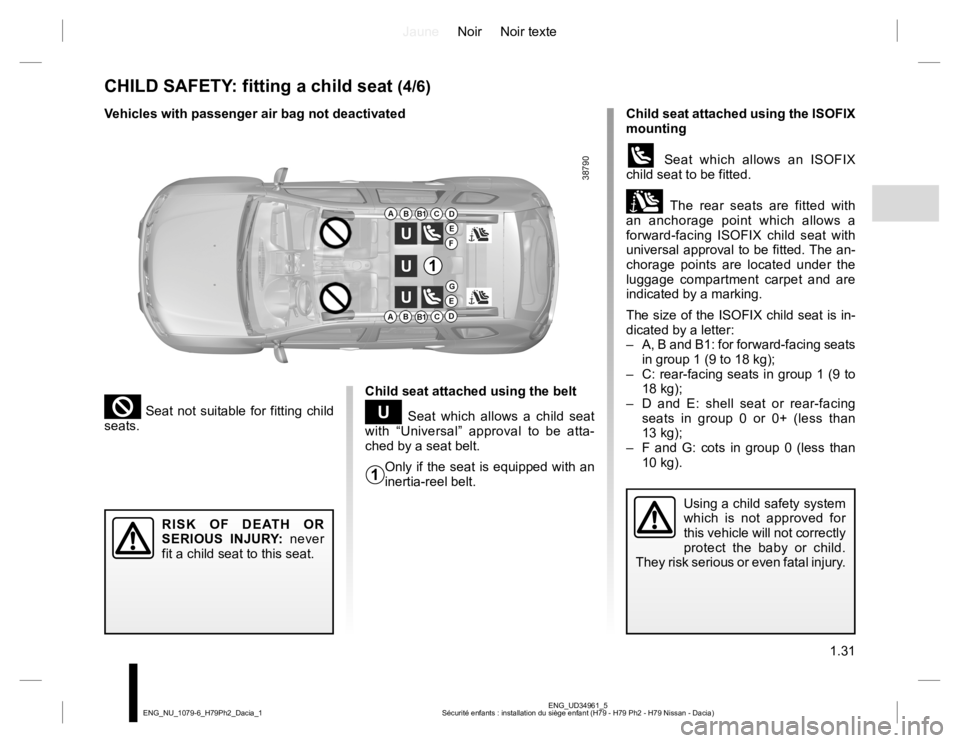 RENAULT DUSTER 2015 Owners Guide JauneNoir Noir texte
1.31
ENG_UD34961_5
Sécurité enfants : installation du siège enfant (H79 - H79 Ph2 - H79 Nissan - Dacia) ENG_NU_1079-6_H79Ph2_Dacia_1
CHILD SAFETY: fitting a child seat (4/6)
Ch
