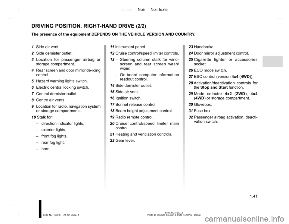 RENAULT DUSTER 2015  Owners Manual JauneNoir Noir texte
1.41
ENG_UD37333_2
Poste de conduite direction à droite (H79 Ph2 - Dacia) ENG_NU_1079-6_H79Ph2_Dacia_1
DRIVING POSITION, RIGHT-HAND DRIVE (2/2)
The presence of the equipment DEPE