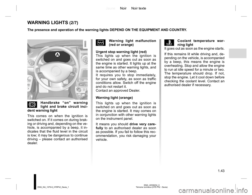 RENAULT DUSTER 2015  Owners Manual JauneNoir Noir texte
1.43
ENG_UD39234_5
Témoins lumineux (H79 Ph2 - Dacia) ENG_NU_1079-6_H79Ph2_Dacia_1
WARNING LIGHTS (2/7)
A
DHandbrake “on” warning 
light and brake circuit inci-
dent warning 