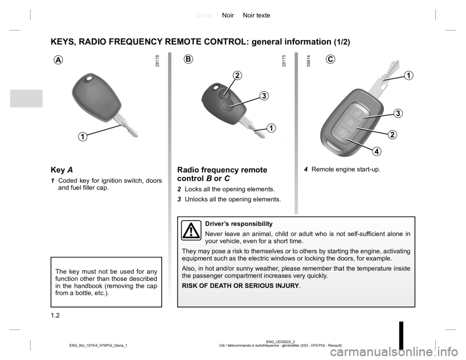 RENAULT DUSTER 2015  Owners Manual JauneNoir Noir texte
1.2
ENG_UD39222_2
Clé / télécommande à radiofréquence : généralités (X52 - H79 Ph2 - Renault) ENG_NU_1079-6_H79Ph2_Dacia_1
KEYS, RADIO FREQUENCY REMOTE CONTROL: general in