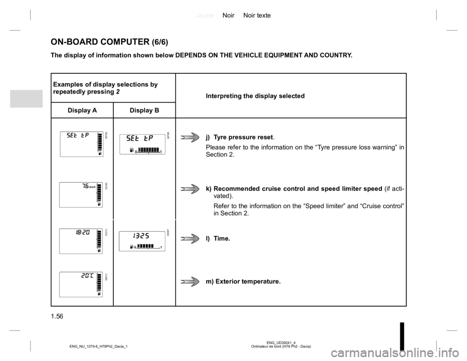 RENAULT DUSTER 2015 Owners Manual JauneNoir Noir texte
1.56
ENG_UD39241_4 Ordinateur de bord (H79 Ph2 - Dacia) ENG_NU_1079-6_H79Ph2_Dacia_1
Examples of display selections by repeatedly pressing 2 Interpreting the display selected
RENAULT DUSTER 2015 Owners Manual JauneNoir Noir texte
1.56
ENG_UD39241_4 Ordinateur de bord (H79 Ph2 - Dacia) ENG_NU_1079-6_H79Ph2_Dacia_1
Examples of display selections by repeatedly pressing 2 Interpreting the display selected