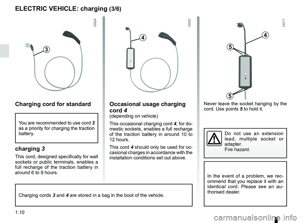 RENAULT FLUENCE Z.E. 2012 User Guide 1.10
ENG_UD28731_4
Charge de la batterie de traction (X38 - L38 électrique - Renault)
ENG_NU_914-4_L38e_Renault_1
Jaune NoirNoir texte
Never  leave  the  socket  hanging  by  the 
cord. Use points 5 