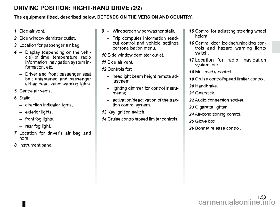 RENAULT FLUENCE Z.E. 2012  Owners Manual JauneNoirNoir texte
1.53
ENG_UD23034_2
Poste de conduite à droite (L38 électrique - Renault)
ENG_NU_914-4_L38e_Renault_1
DriviNg POSitiON: right-hAND Drive (2/2)
the equipment fitted, described belo