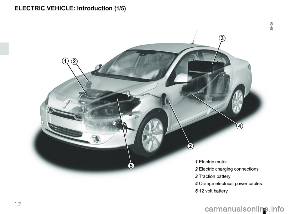 RENAULT FLUENCE Z.E. 2012  Owners Manual electric vehiclepresentation  .................................... (up to the end of the DU)
12 volt battery  ....................................... (up to the end of the DU)
traction battery  ......