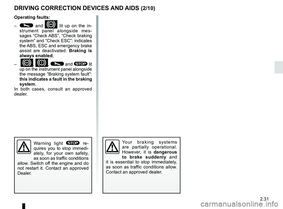 RENAULT KADJAR 2018  Owners Manual 2.31
DRIVING CORRECTION DEVICES AND AIDS (2/10)
Operating faults:
– 
© and x lit up on the in-
strument panel alongside mes-
sages “Check ABS”, “Check braking 
system” and “Check ESC”: 