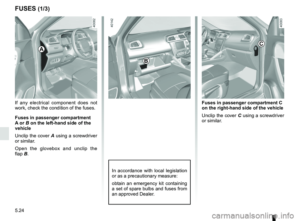 RENAULT KADJAR 2018  Owners Manual 5.24
FUSES (1/3) 
A
B
In accordance with local legislation 
or as a precautionary measure:
obtain an emergency kit containing 
a set of spare bulbs and fuses from 
an approved Dealer.
C
Fuses in passe