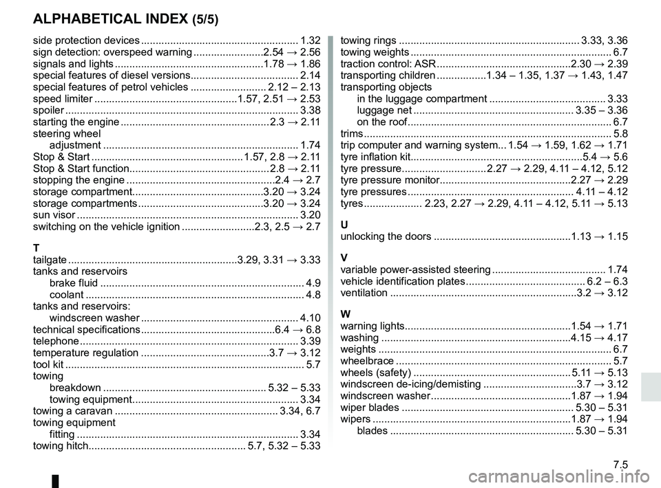 RENAULT KADJAR 2018  Owners Manual 7.5
ALPHABETICAL INDEX (5/5)
side protection devices ...................................................... 1.32
sign detection: overspeed warning ........................2.54 → 2.56
signals and lig