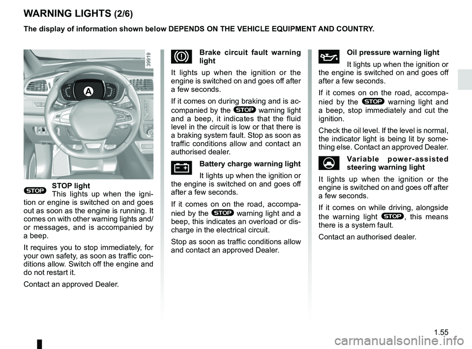 RENAULT KADJAR 2018 Repair Manual 1.55
WARNING LIGHTS (2/6)
®STOP light
This lights up when the igni-
tion or engine is switched on and goes 
out as soon as the engine is running. It 
comes on with other warning lights and/
or messag