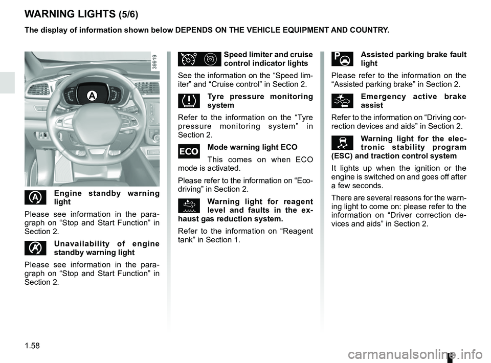 RENAULT KADJAR 2018  Owners Manual 1.58
WARNING LIGHTS (5/6)
The display of information shown below DEPENDS ON THE VEHICLE EQUIPMENT \
AND COUNTRY.
\bAssisted parking brake fault 
light
Please refer to the information on the 
“Assist
