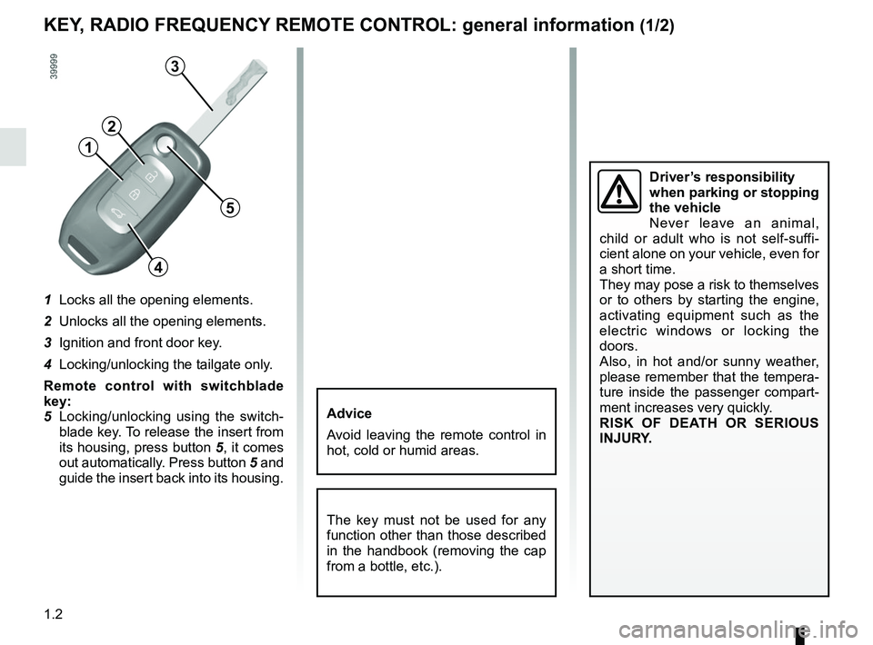 RENAULT KADJAR 2018  Owners Manual 1.2
1  Locks all the opening elements.
2  Unlocks all the opening elements.
3  Ignition and front door key.
4  Locking/unlocking the tailgate only.
Remote control with switchblade 
key: 
5  Locking/un