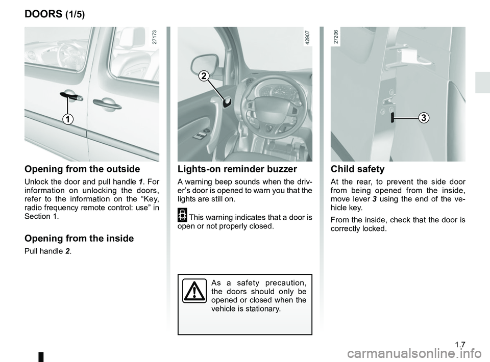RENAULT KANGOO 2018  Owners Manual 1.7
Opening from the outside
Unlock the door and pull handle 1. For 
information on unlocking the doors, 
refer to the information on the “Key, 
radio frequency remote control: use” in 
Section 1.