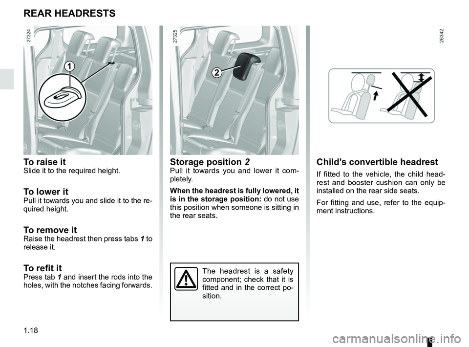 RENAULT KANGOO 2018 Owners Manual 1.18
The headrest is a safety 
component; check that it is 
fitted and in the correct po-
sition.
Storage position 2Pull it towards you and lower it com-
pletely.
When the headrest is fully lowered, i