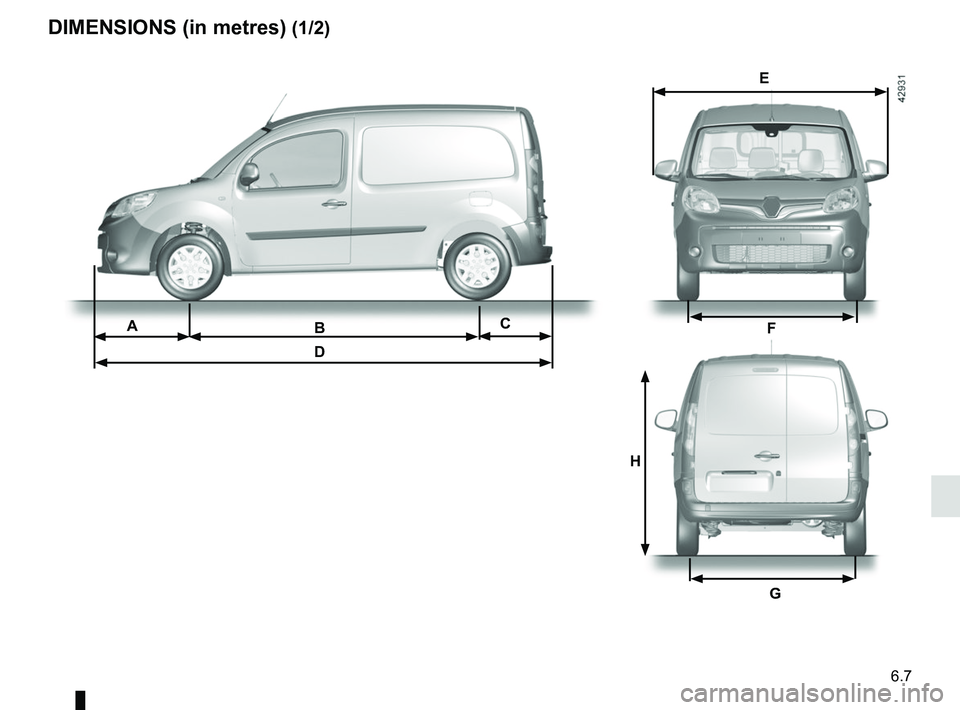 RENAULT KANGOO 2018 Owners Manual 6.7
DIMENSIONS (in metres) (1/2)
H
B
DACF
G
E RENAULT KANGOO 2018 Owners Manual 6.7
DIMENSIONS (in metres) (1/2)
H
B
DACF
G
E