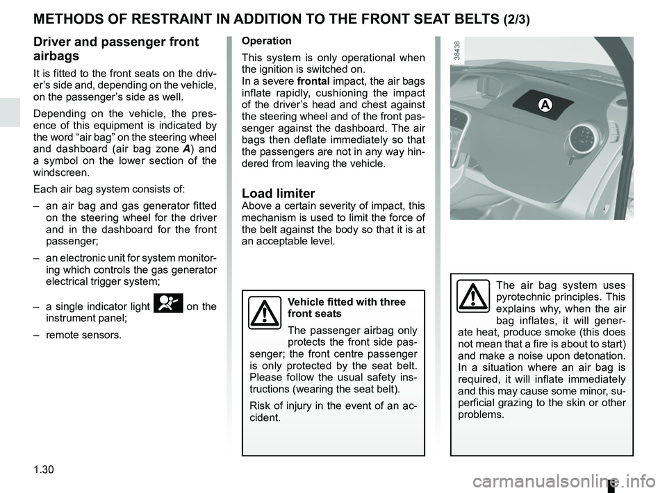 RENAULT KANGOO 2018 Owners Guide 1.30
METHODS OF RESTRAINT IN ADDITION TO THE FRONT SEAT BELTS (2/3)
Driver and passenger front 
airbags
It is fitted to the front seats on the driv-
er’s side and, depending on the vehicle, 
on the 