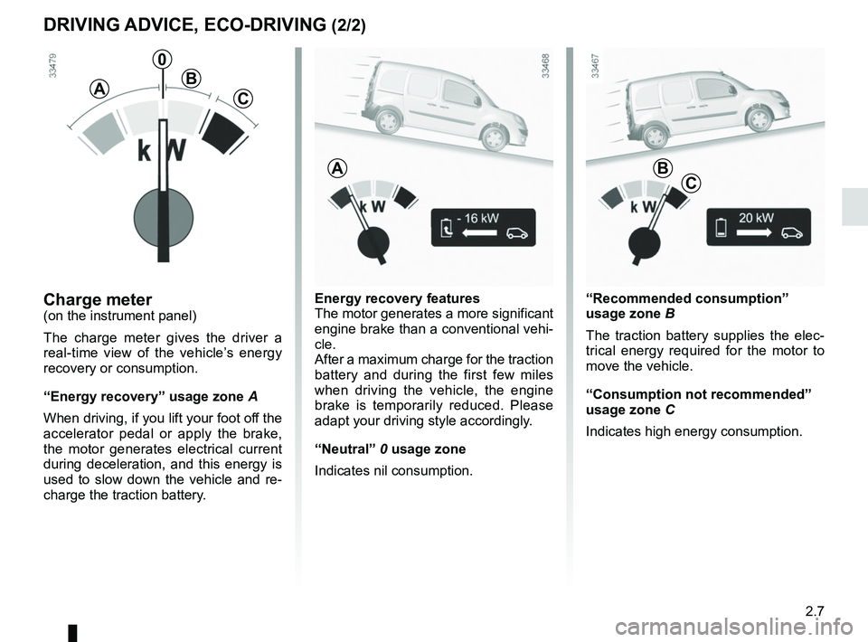 RENAULT KANGOO Z.E. 2018  Owners Manual 2.7
Energy recovery features
The motor generates a more significant 
engine brake than a conventional vehi-
cle.
After a maximum charge for the traction 
battery and during the first few miles 
when d