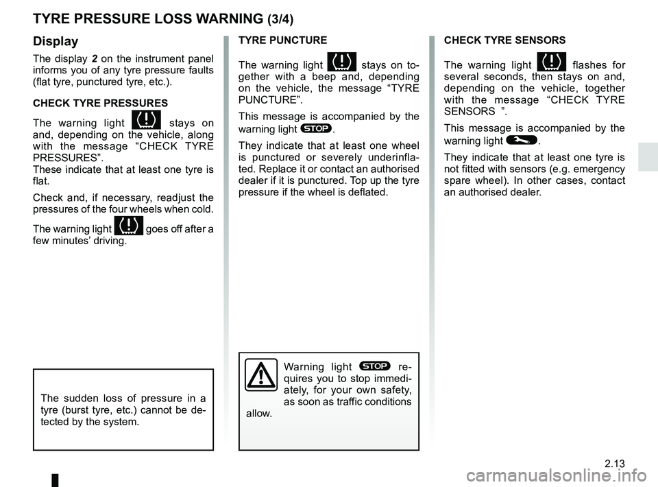 RENAULT KANGOO Z.E. 2018  Owners Manual 2.13
TYRE PRESSURE LOSS WARNING (3/4)
TYRE PUNCTURE
The warning light 
 stays on to-
gether with a beep and, depending 
on the vehicle, the message “TYRE 
PUNCTURE”.
This message is accompanied