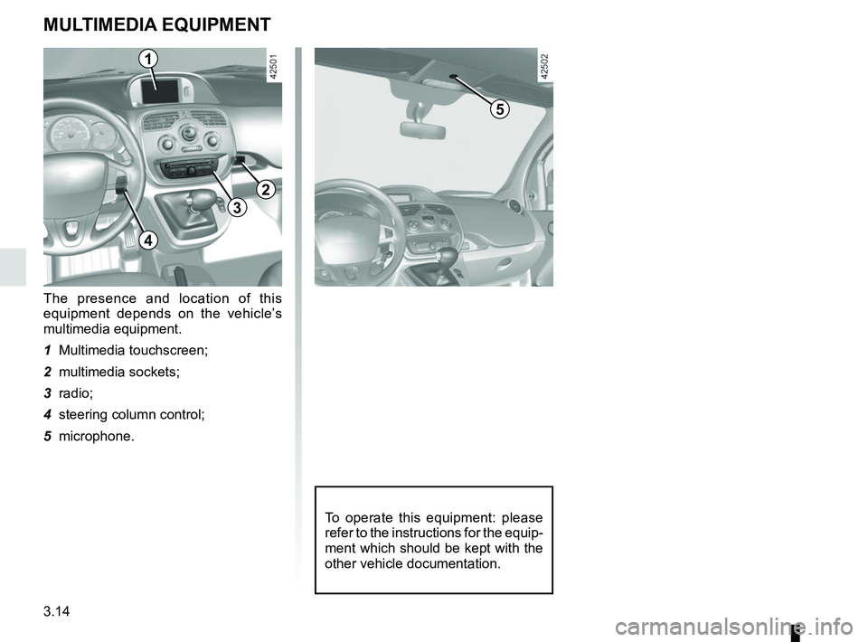 RENAULT KANGOO Z.E. 2018  Owners Manual 3.14
MULTIMEDIA EQUIPMENT
The presence and location of this 
equipment depends on the vehicle’s 
multimedia equipment.
1 Multimedia touchscreen;
2 multimedia sockets;
3 radio;
4  steering column con