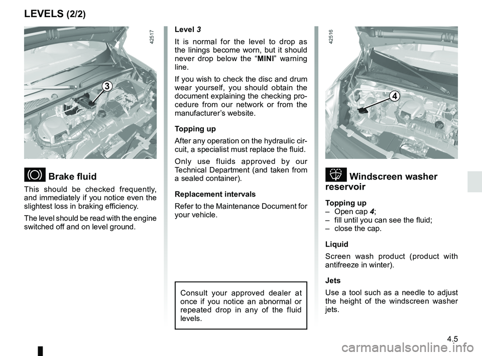 RENAULT KANGOO Z.E. 2018 User Guide 4.5
 Windscreen washer 
reservoir
Topping up
– Open cap  4;
–  fill until you can see the fluid;
–  close the cap.
Liquid
Screen wash product (product with 
antifreeze in winter).
Jets
Use a 