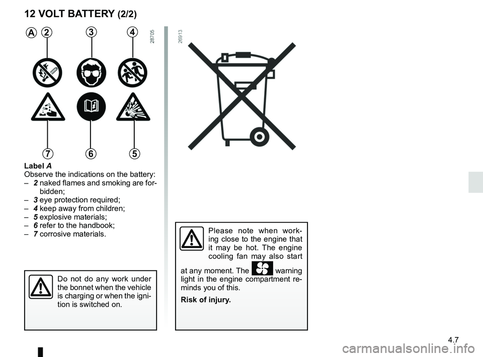 RENAULT KANGOO Z.E. 2018 Owners Manual 4.7
A234
567
Label A
Observe the indications on the battery:
– 2 naked flames and smoking are for-
bidden;
– 3 eye protection required;
– 4 keep away from children;
– 5 explosive materials RENAULT KANGOO Z.E. 2018 Owners Manual 4.7
A234
567
Label A
Observe the indications on the battery:
– 2 naked flames and smoking are for-
bidden;
– 3 eye protection required;
– 4 keep away from children;
– 5 explosive materials