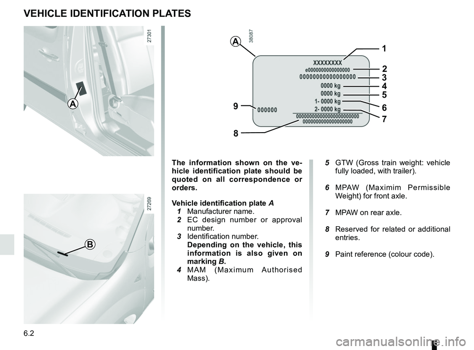 RENAULT KANGOO Z.E. 2018  Owners Manual 6.2
VEHICLE IDENTIFICATION PLATES
A
B
A
The information shown on the ve-
hicle identification plate should be 
quoted on all correspondence or 
orders.
Vehicle identification plate A
  1 Manufacturer 