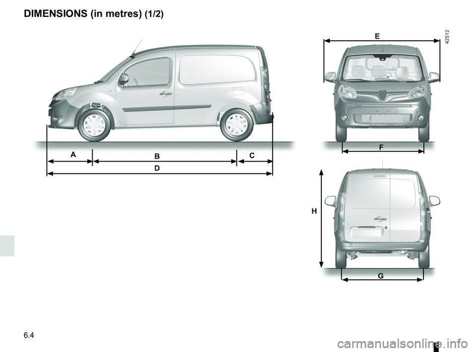 RENAULT KANGOO Z.E. 2018 Owners Manual 6.4
DIMENSIONS (in metres) (1/2)
H
B
DACF
G
E RENAULT KANGOO Z.E. 2018 Owners Manual 6.4
DIMENSIONS (in metres) (1/2)
H
B
DACF
G
E