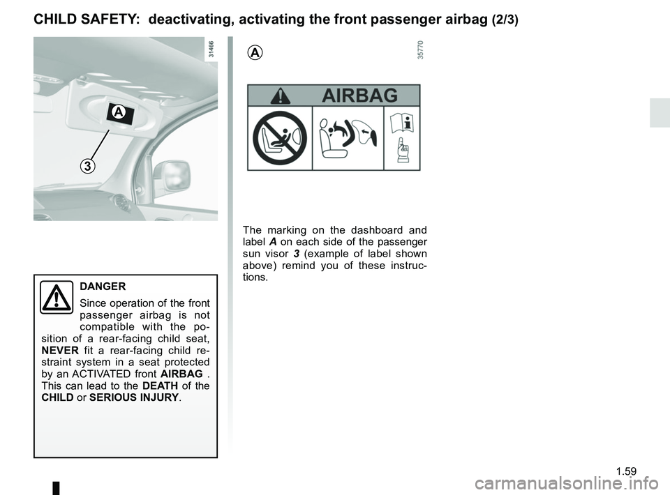 RENAULT KANGOO Z.E. 2018 Owners Manual 1.59
CHILD SAFETY: deactivating, activating the front passenger airbag (2/3)
3
The marking on the dashboard and
label A on each side of the passenger
sun visor 3 (example of label shown
above) re RENAULT KANGOO Z.E. 2018 Owners Manual 1.59
CHILD SAFETY: deactivating, activating the front passenger airbag (2/3)
3
The marking on the dashboard and
label A on each side of the passenger
sun visor 3 (example of label shown
above) re