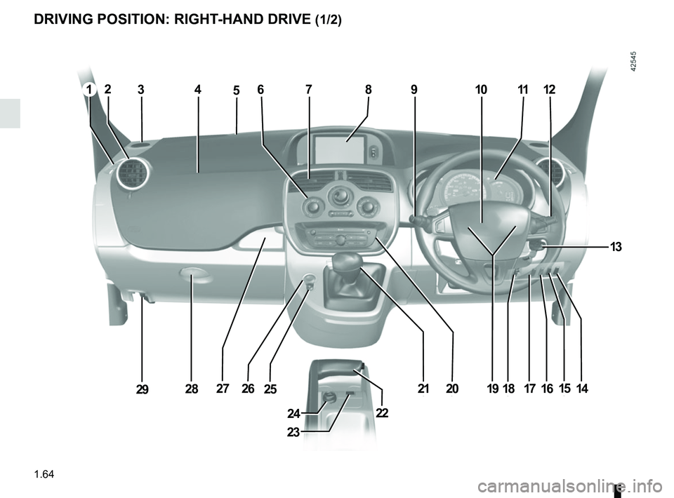 RENAULT KANGOO Z.E. 2018 Repair Manual 1.64
DRIVING POSITION: RIGHT-HAND DRIVE (1/2)
46
23
312
1520
111
1821
2
25
78109
261416
5
1719272829
2224
13 RENAULT KANGOO Z.E. 2018 Repair Manual 1.64
DRIVING POSITION: RIGHT-HAND DRIVE (1/2)
46
23
312
1520
111
1821
2
25
78109
261416
5
1719272829
2224
13
