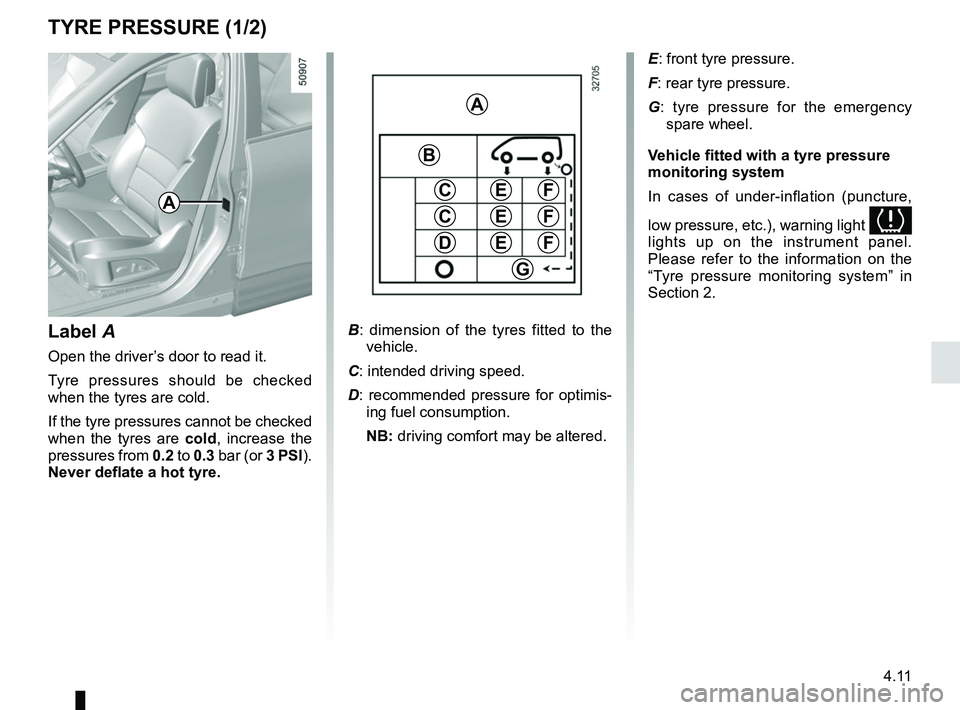 RENAULT KOLEOS 2018 Owners Manual 4.11
TYRE PRESSURE (1/2)
B: dimension of the tyres fitted to the
vehicle.
C: intended driving speed.
D: recommended pressure for optimis- ing fuel consumption.
NB: driving comfort may be altered.
A
RENAULT KOLEOS 2018 Owners Manual 4.11
TYRE PRESSURE (1/2)
B: dimension of the tyres fitted to the
vehicle.
C: intended driving speed.
D: recommended pressure for optimis- ing fuel consumption.
NB: driving comfort may be altered.
A