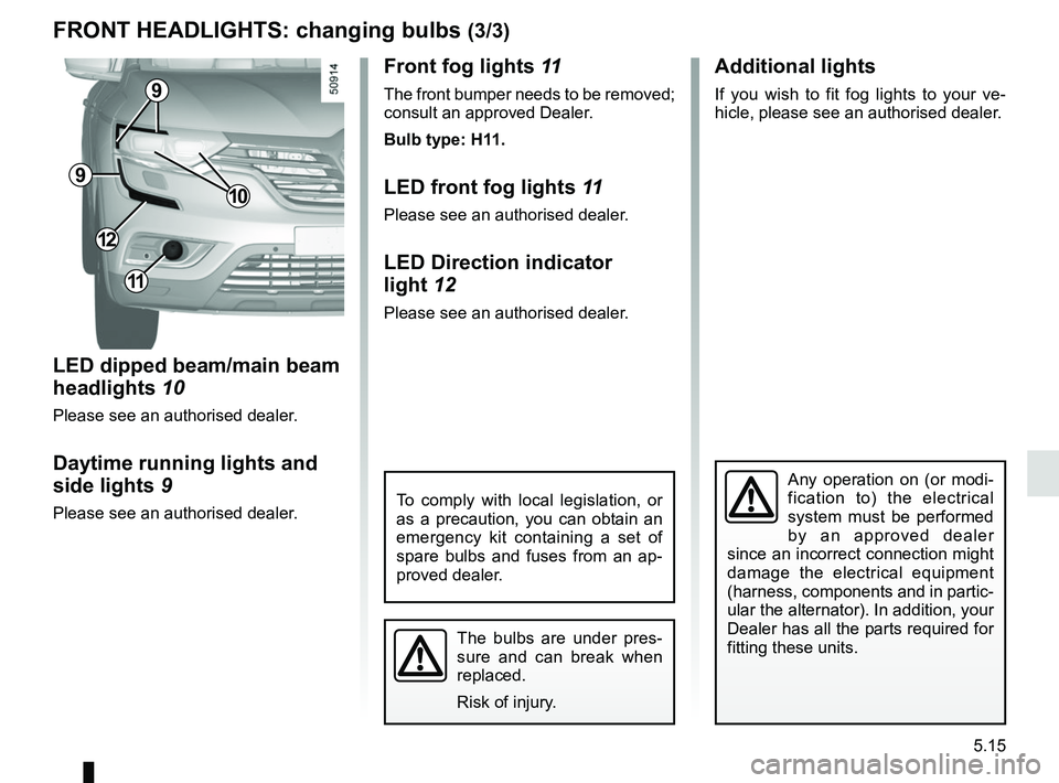 RENAULT KOLEOS 2018 Owners Manual 5.15
Front fog lights 11
The front bumper needs to be removed;
consult an approved Dealer.
Bulb type: H11.
LED front fog lights 11
Please see an authorised dealer.
LED Direction indicator
light 12
RENAULT KOLEOS 2018 Owners Manual 5.15
Front fog lights 11
The front bumper needs to be removed;
consult an approved Dealer.
Bulb type: H11.
LED front fog lights 11
Please see an authorised dealer.
LED Direction indicator
light 12