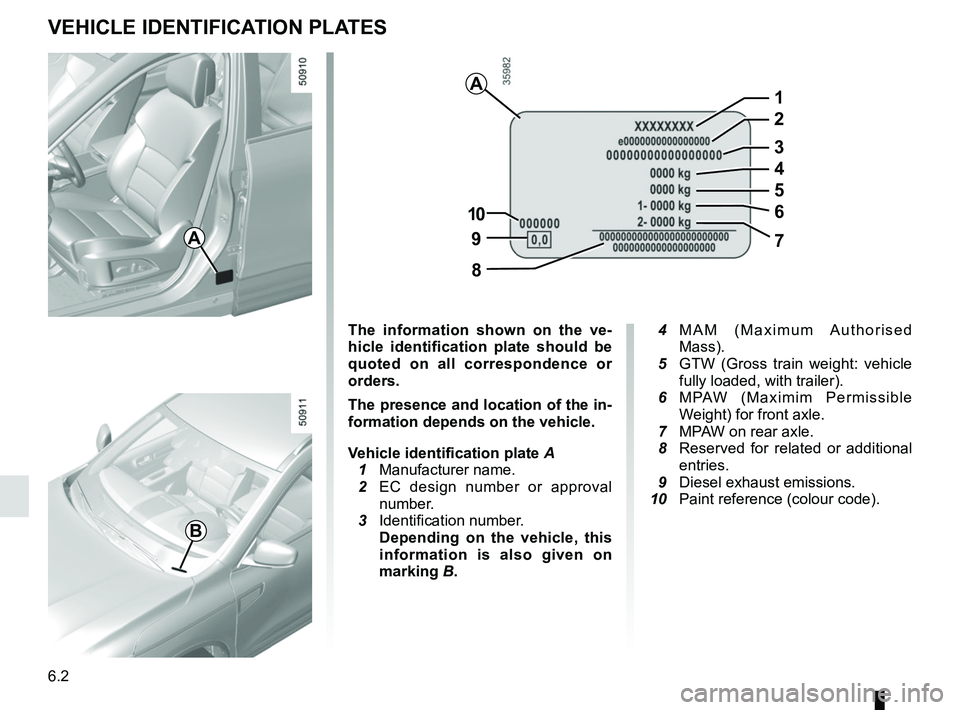 RENAULT KOLEOS 2018 Owners Manual 6.2
VEHICLE IDENTIFICATION PLATES
A
B
The information shown on the ve-
hicle identification plate should be
quoted on all correspondence or
orders.
The presence and location of the in-
formation dep RENAULT KOLEOS 2018 Owners Manual 6.2
VEHICLE IDENTIFICATION PLATES
A
B
The information shown on the ve-
hicle identification plate should be
quoted on all correspondence or
orders.
The presence and location of the in-
formation dep