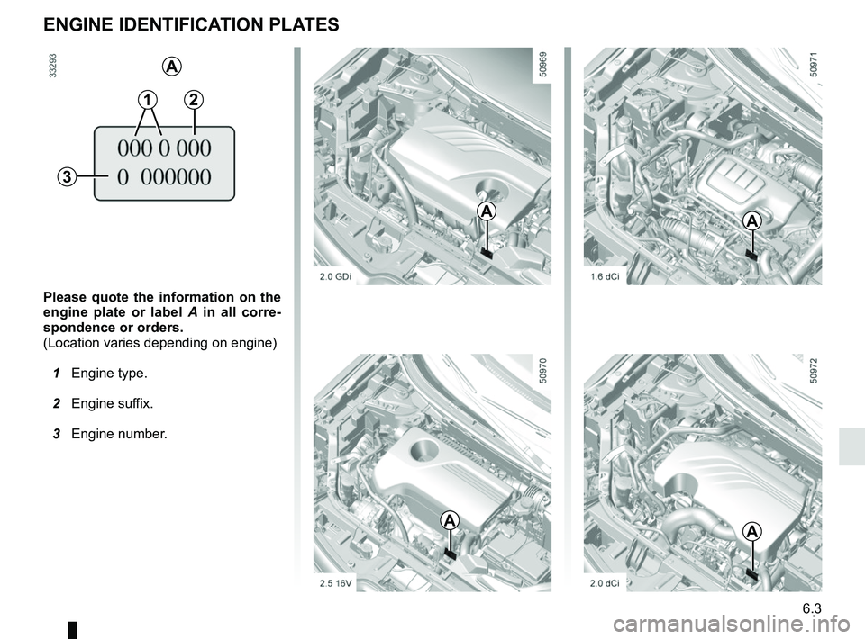 RENAULT KOLEOS 2018 Owners Manual 6.3
Please quote the information on the
engine plate or label A in all corre-
spondence or orders.
(Location varies depending on engine)
1 Engine type.
2 Engine suffix.
3 Engine number.
ENGINE RENAULT KOLEOS 2018 Owners Manual 6.3
Please quote the information on the
engine plate or label A in all corre-
spondence or orders.
(Location varies depending on engine)
1 Engine type.
2 Engine suffix.
3 Engine number.
ENGINE