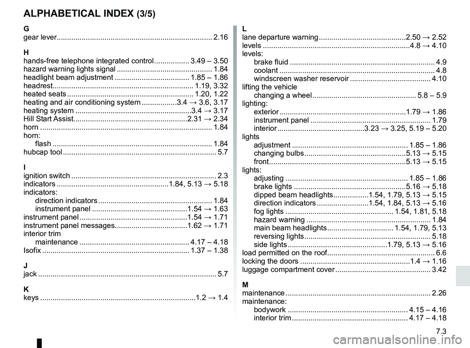 RENAULT KOLEOS 2018  Owners Manual 7.3
ALPHABETICAL INDEX (3/5)
G
gear lever........................................................................\
... 2.16
H
hands-free telephone integrated control ................. 3.49 – 3.50
ha