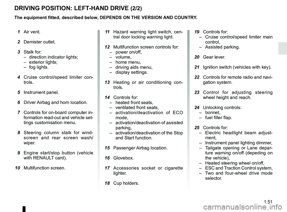 RENAULT KOLEOS 2018 Workshop Manual 1.51
DRIVING POSITION: LEFT-HAND DRIVE (2/2)
The equipment fitted, described below, DEPENDS ON THE VERSION AND COUNTRY. 19 Controls for:
– Cruise control/speed limiter main
control,
– Assisted RENAULT KOLEOS 2018 Workshop Manual 1.51
DRIVING POSITION: LEFT-HAND DRIVE (2/2)
The equipment fitted, described below, DEPENDS ON THE VERSION AND COUNTRY. 19 Controls for:
– Cruise control/speed limiter main
control,
– Assisted