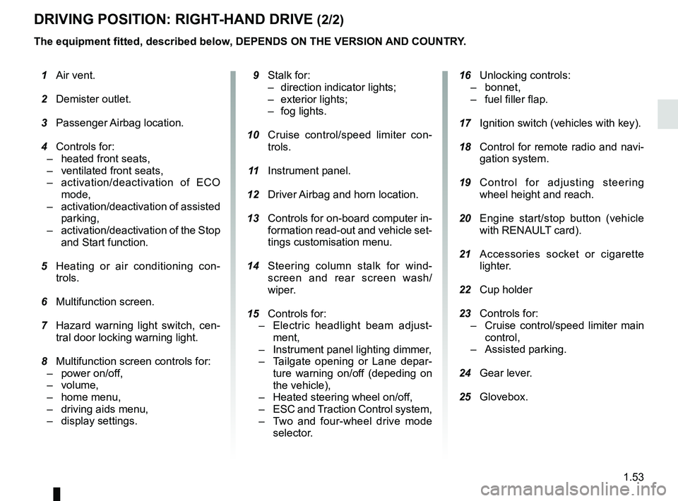 RENAULT KOLEOS 2018 Workshop Manual 1.53
DRIVING POSITION: RIGHT-HAND DRIVE (2/2)
The equipment fitted, described below, DEPENDS ON THE VERSION AND COUNTRY.
16 Unlocking controls:
– bonnet,
– fuel filler flap.
17 Ignition switc RENAULT KOLEOS 2018 Workshop Manual 1.53
DRIVING POSITION: RIGHT-HAND DRIVE (2/2)
The equipment fitted, described below, DEPENDS ON THE VERSION AND COUNTRY.
16 Unlocking controls:
– bonnet,
– fuel filler flap.
17 Ignition switc