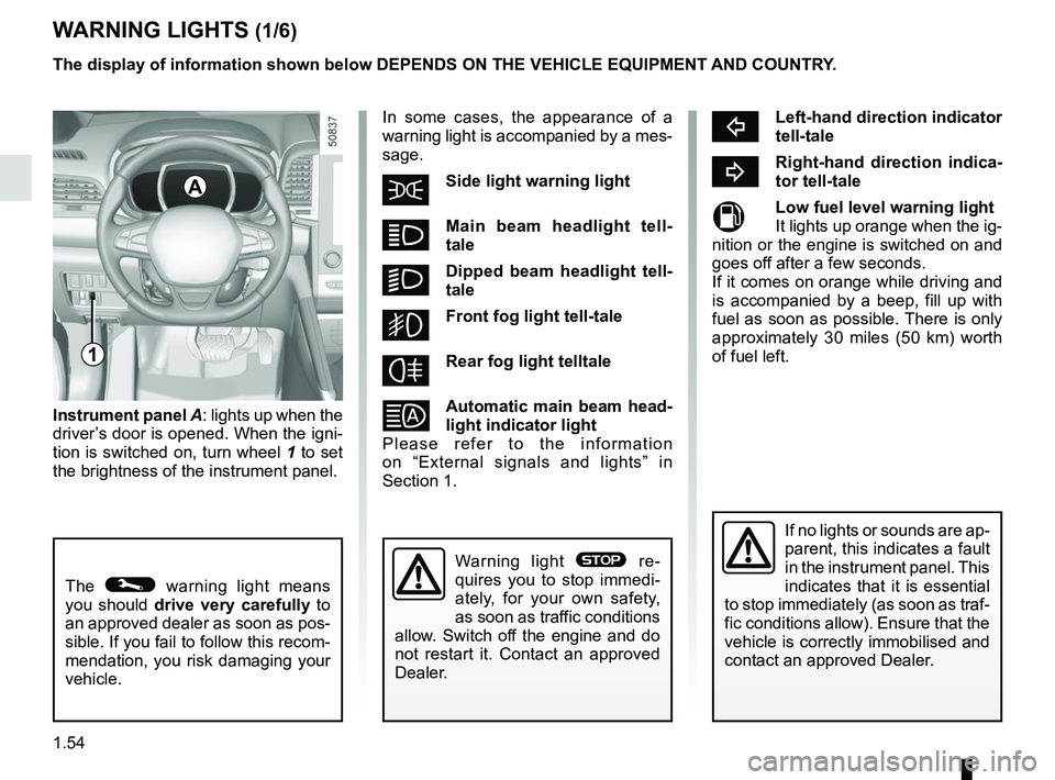 RENAULT KOLEOS 2018 Workshop Manual 1.54
In some cases, the appearance of a
warning light is accompanied by a mes-
sage.
šSide light warning light
áMain beam headlight tell-
tale
kDipped beam headlight tell-
tale
gFront fog ligh RENAULT KOLEOS 2018 Workshop Manual 1.54
In some cases, the appearance of a
warning light is accompanied by a mes-
sage.
šSide light warning light
áMain beam headlight tell-
tale
kDipped beam headlight tell-
tale
gFront fog ligh