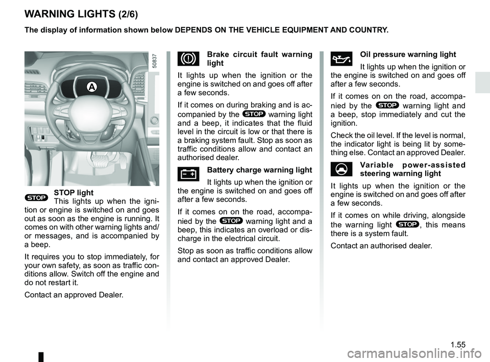 RENAULT KOLEOS 2018 Repair Manual 1.55
WARNING LIGHTS (2/6)
®STOP light
This lights up when the igni-
tion or engine is switched on and goes
out as soon as the engine is running. It
comes on with other warning lights and/
or messag RENAULT KOLEOS 2018 Repair Manual 1.55
WARNING LIGHTS (2/6)
®STOP light
This lights up when the igni-
tion or engine is switched on and goes
out as soon as the engine is running. It
comes on with other warning lights and/
or messag