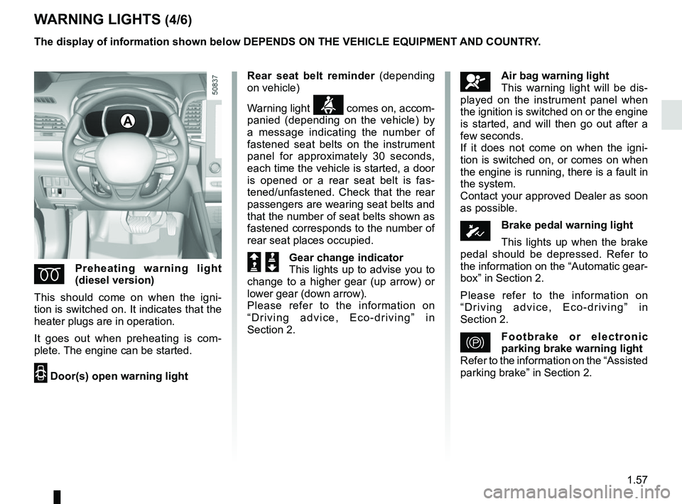 RENAULT KOLEOS 2018 Repair Manual 1.57
WARNING LIGHTS (4/6)
ÉPreheating warning light
(diesel version)
This should come on when the igni-
tion is switched on. It indicates that the
heater plugs are in operation.
It goes out when pr RENAULT KOLEOS 2018 Repair Manual 1.57
WARNING LIGHTS (4/6)
ÉPreheating warning light
(diesel version)
This should come on when the igni-
tion is switched on. It indicates that the
heater plugs are in operation.
It goes out when pr
