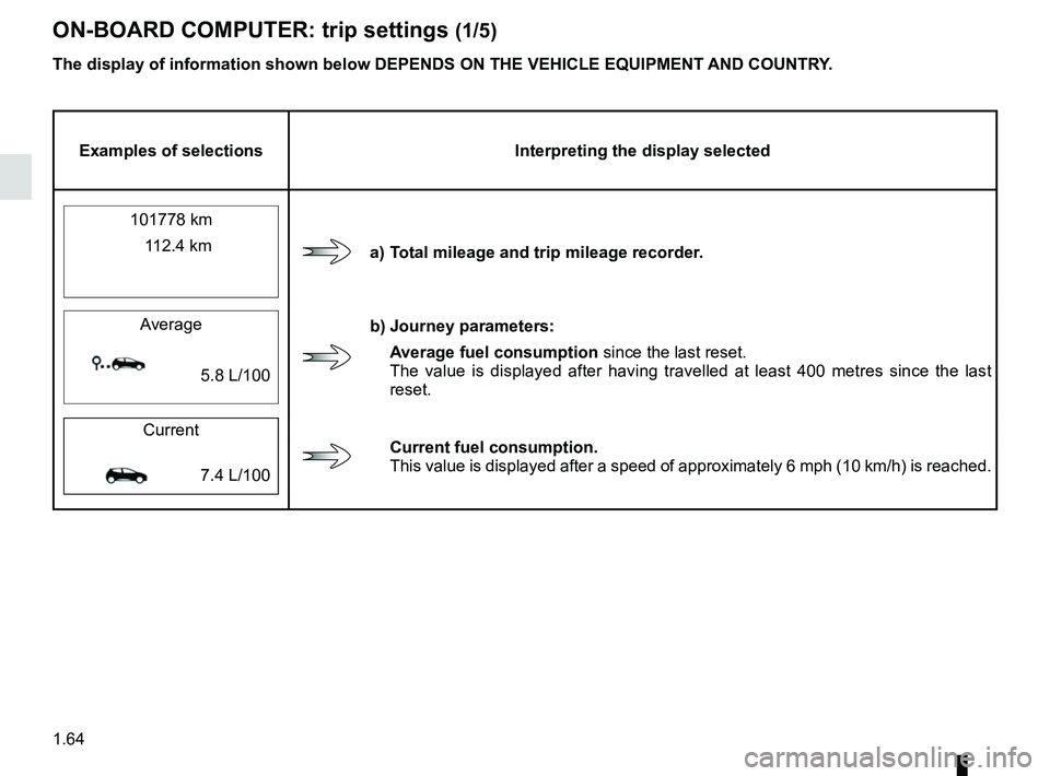 RENAULT KOLEOS 2018 Repair Manual 1.64
ON-BOARD COMPUTER: trip settings (1/5)
The display of information shown below DEPENDS ON THE VEHICLE EQUIPMENT \
AND COUNTRY.
Examples of selectionsInterpreting the display selected
101778 km
a) RENAULT KOLEOS 2018 Repair Manual 1.64
ON-BOARD COMPUTER: trip settings (1/5)
The display of information shown below DEPENDS ON THE VEHICLE EQUIPMENT \
AND COUNTRY.
Examples of selectionsInterpreting the display selected
101778 km
a)